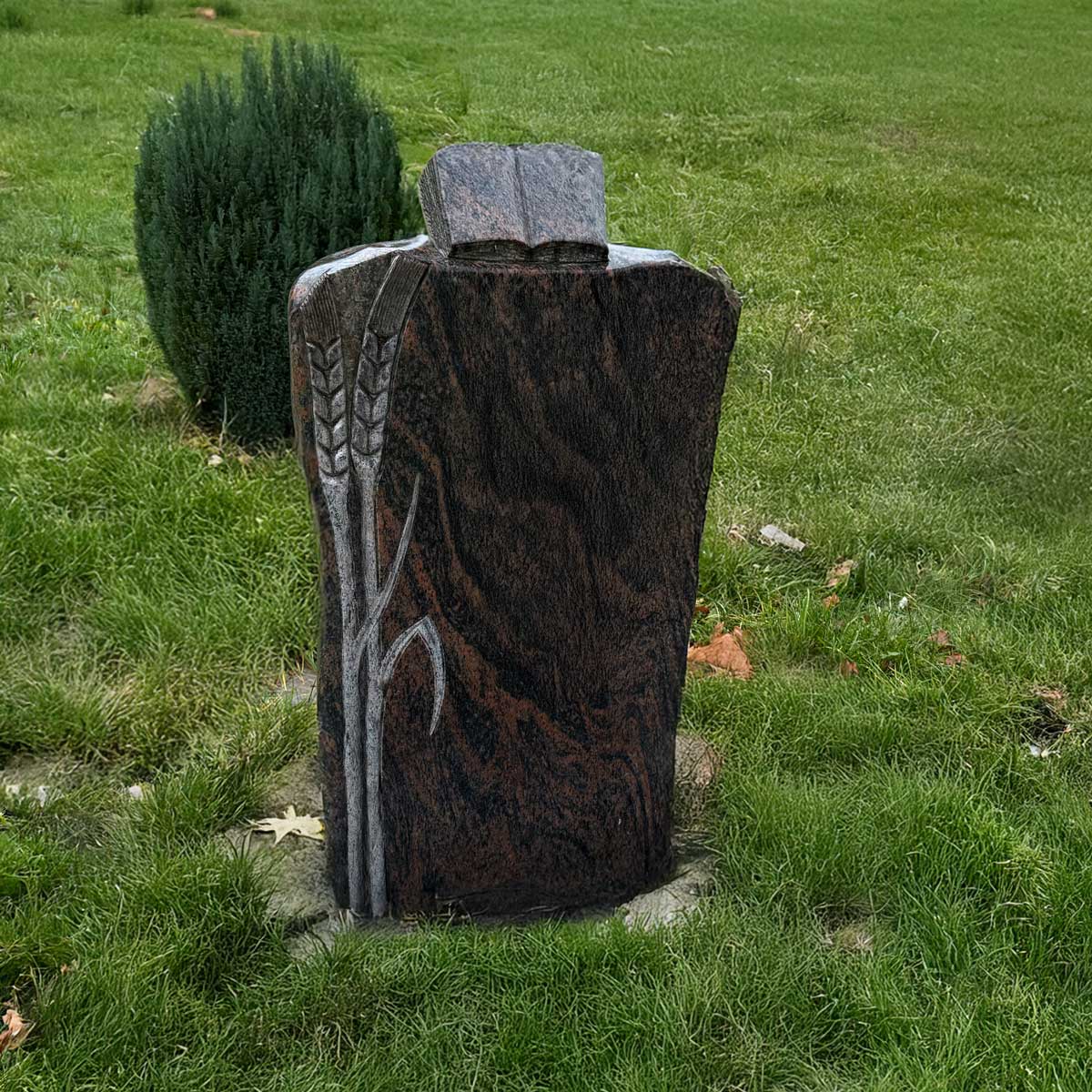 Muslimischer Grabstein Kalb: rotbraune Stele mit bruchrauen Kanten, zwei Ähren als Relief und aufgeschlagenem Steinbuch Hauptbild